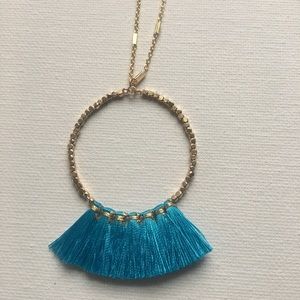 Gold Beaded Hoop Necklace with Fabric Tassels Blue